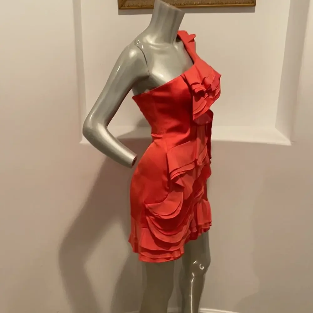 Bcbgmaxazria “ Jonesy” Coral One Shoulder Mini Ruffled Dress Size 4 BNWOT